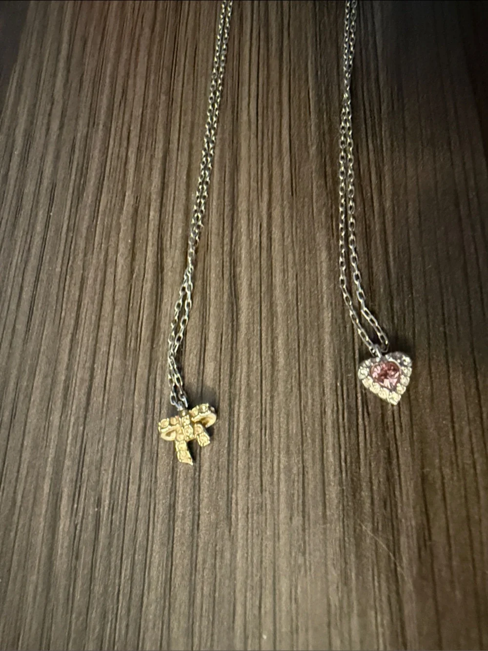 Swarovski silver Pink Heart Crystal and bow Charm Necklace Set